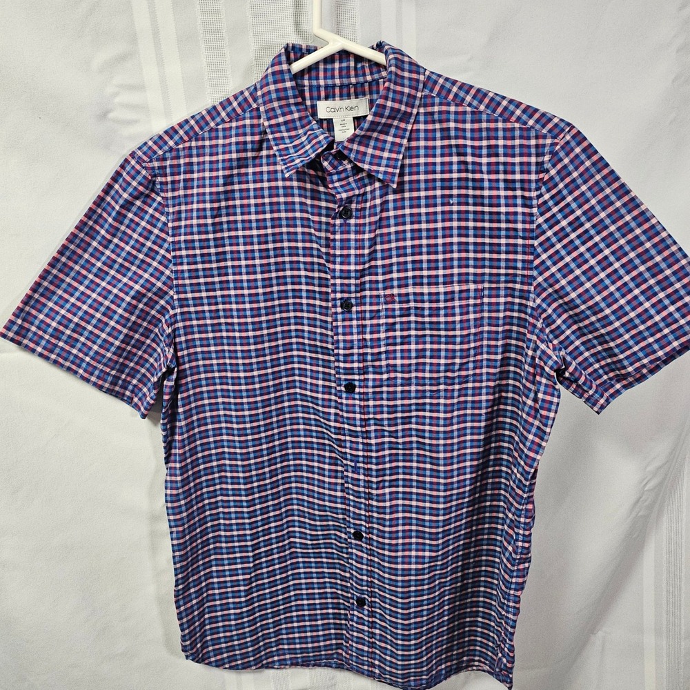 Calvin Klein Button Down Shirt Mens S Blue Red Gingham Plaid Short Sleeve Pocket